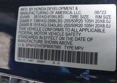 2023 Honda Pilot Awd Touring из США, поврежденный, VIN 5FNYG1H70PB057560